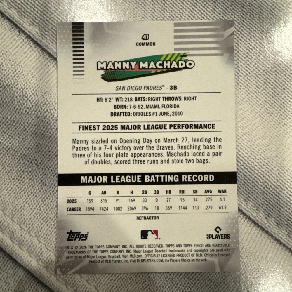 Topps Finest 2026 Manny Machado Refractor San Diego Padres #41